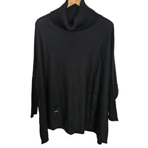 Monari Black Oversized Turtleneck Sweater Dolman Sleeve Pocket Detail Chic